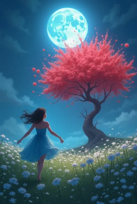 A beautiful realistic girl dressed in blue running toward a red glowing blossom tree surrounded by beautiful white flowers on meadow with full blue moon in sky picture from back 