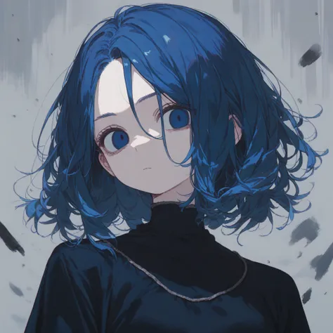 Blue hair, medium length hair, slightly parted hair, dull, opaque blue eyes, blank stare, neutral expression, looking at viewer, dark circles under eyes