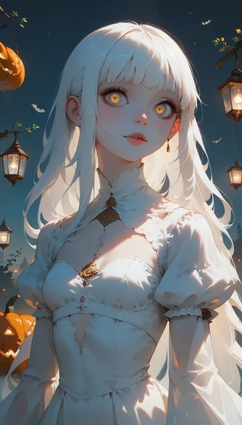 white skin and reflective eyes, mysterious albino figure , Long white hair, very long straight hair, Short bangs, Albino white skin, pale yellow eyes like Halloween , Please wear clothes, White Witch, Lots of merlot , Pale Goth Beauty, Pale face,...