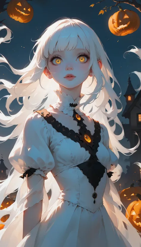 white skin and reflective eyes, mysterious albino figure , Long white hair, very long straight hair, Short bangs, Albino white skin, pale yellow eyes like Halloween , Please wear clothes, White Witch, Lots of merlot , Pale Goth Beauty, Pale face, Bu...