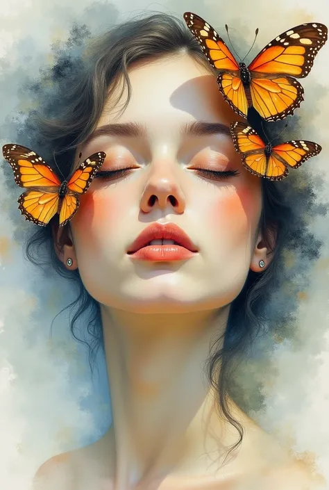 An impressionist painting of a close-up of a womans face, with her eyes closed and lips slightly parted. Her face is surrounded by butterflies. The background appears to be a serene-. The overall mood of the image is dreamy and introspective, with a blend ...