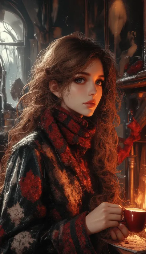 beautiful lips :1.2, detailed eyes, Beautiful full lips , very detailed eyes and faces, long eyelashes, Cute expressions , smiles , Sitting:1.4, holding a cup of hot latte, fireplace , home background , heater, warm light , Christmas sweater , anim...