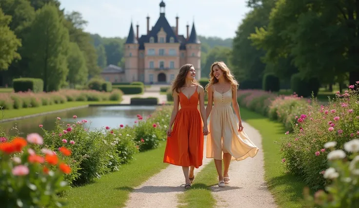 Photorealistic,Two laughing young European women one with blond the other with brown hair in colorful dresses walk along a path through a lush garden towards the viewer , in the background a large mansion in castle style surrounded by a pond and flowers