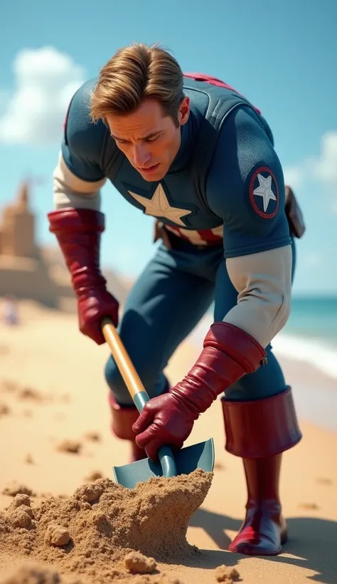 "Create a hyper-realistic, animated image of Captain America focused on digging the sand with a shovel on a beach. He should be bent over, with his full attention on the task, holding the shovel firmly and digging the sand. His posture should show he is de...