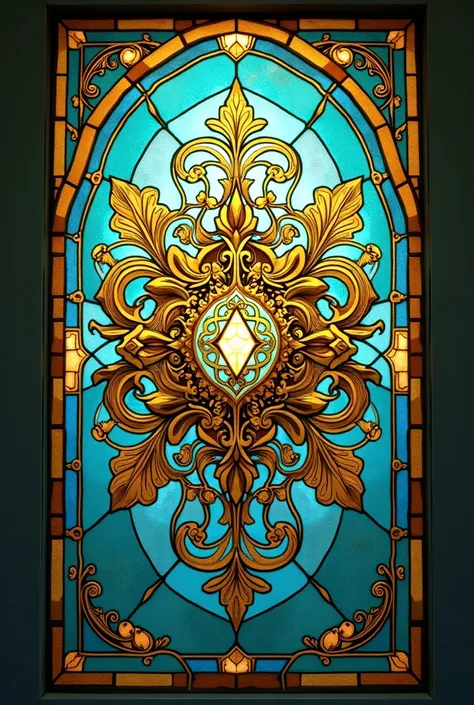  Gold and turquoise stained glass heraldic coat of arms on a translucent matte background,  floral patterns and ornaments on the coat of arms, very great detail ,  lots of small patterns and swirls 