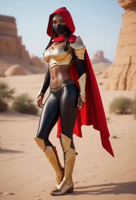 A beautiful African woman with dark skin long black braids wearing black slim armor with gold accents with a golden wolf half mask with a red hood and red cape with gold and silver claw gauntlets. Tattered black tight pants golden armor boots. In a desert....