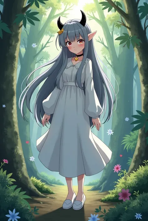 One  girl , long hair,pattsun maegami,Gray Hair,Droopy eyes,Drooping eyebrows, odd-eye,My right eye is rainbow colored ,Left eye red, elf ears , black horns on the upper left side of her head , Big Breasts , simple white long sleeve dress , white flat shoe...