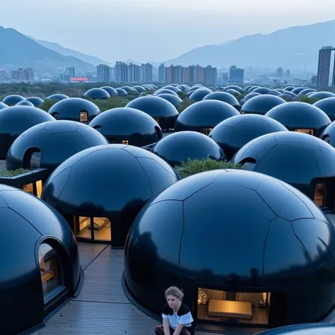  Futuristic houses in circular shapes that look like giant soccer balls, They are dark blue . 