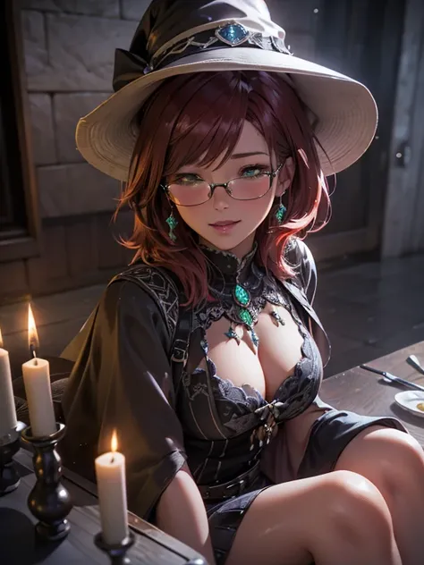 Short,  red hair ,  green eyes ,  metal-framed glasses,  witch hat, smiling girl sitting in a cafe at a table among candles. ( masterpiece fails,  top quality ,  better quality ,  official art,  beautiful and aesthetic :1.2),  Extremely detailed ,( fractal...