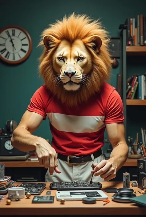 A man , head of big lion, red and white t shirt, white bukter, making phone repair with full of joy