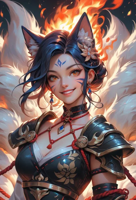 masterpiece, best quality, IncrsAhriFF, fox tail, multiple tails, armor, rope, choker, smile, fire, parted bangs, upper body, (facial mark:0.8),
