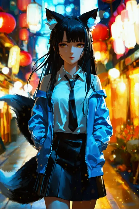 best quality,more detail,1 girl,hoshimi miyabi,black hair,long hair,straight hair,fox ears,black skirt,blue jacket,necktie,standing,street