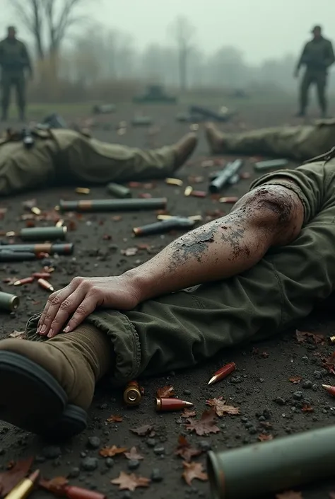 A battlefield ,  theres just a human arm hugging a leg 