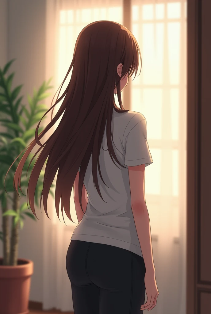 A close view of young anime womans back, standing in a room, with long brunette hair, wearing white t-shirt, wearing black yoga pants