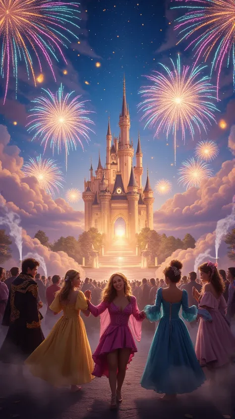 A breathtaking New Year ((2025)) celebration in a surreal fantasy atmosphere. The skyline features enchanting castles with shimmering spires under a starry sky. Colorful, kaleidoscopic fireworks illuminate the night, casting a soft glow. ((2025))

In the f...