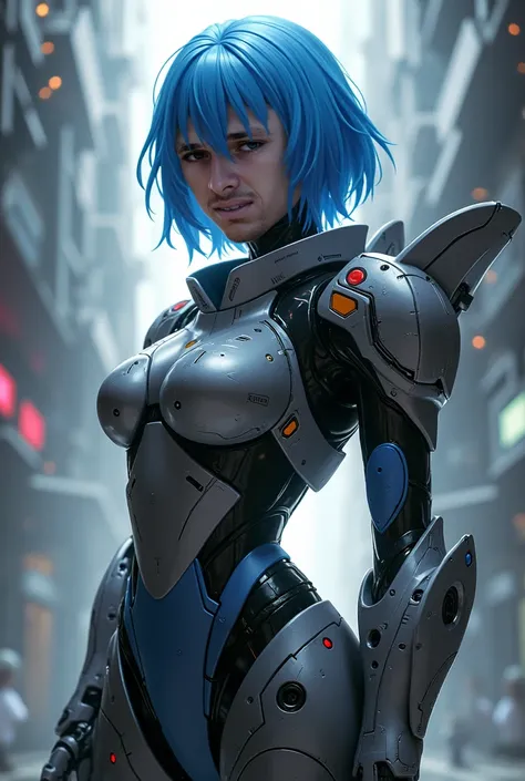 Mechanical, mecha, one person, solo, short hair, profile, upper body, sci-fi, smile, blue hair, (headgear:1), technical background,