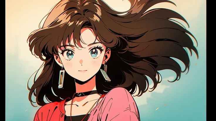 An anime style drawing of a girl holding a cassette tape. The background is simple and the main focus is on the girl and the cassette tape. The girl has big eyes, brown hair, and wears casual clothes. The cassette tape is red and labeled ``1980.... The gir...