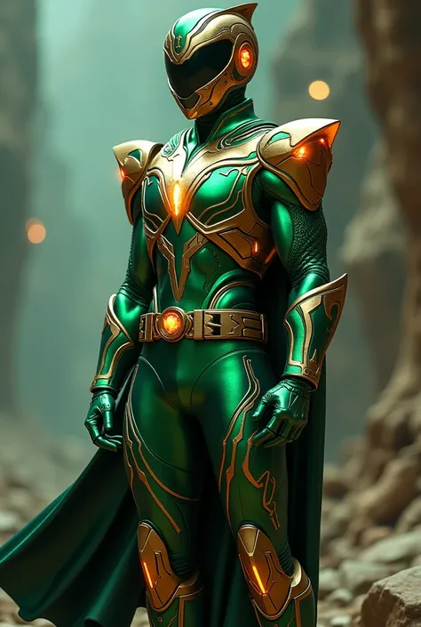 Green Ranger with Amber Details, futuristic armor, small cape, inspired by Time.