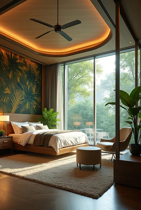  Interior design of a 5-star hotel room in Krasnodar Krai, design - expensive and rich , luxury,  futuristic design and creative approach to room decoration . Topic - tropical paradise. Windows - strictly high to the ceiling , straight.