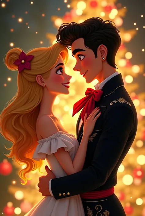 Give me a Disneylike image of a couple in love where the girl is a blonde girl with a small white laugh ,  honey brown eyes thin pink lips and the boy is tall and thin with honey brown eyes medium lips with curly black hair medium short with curly hair wit...