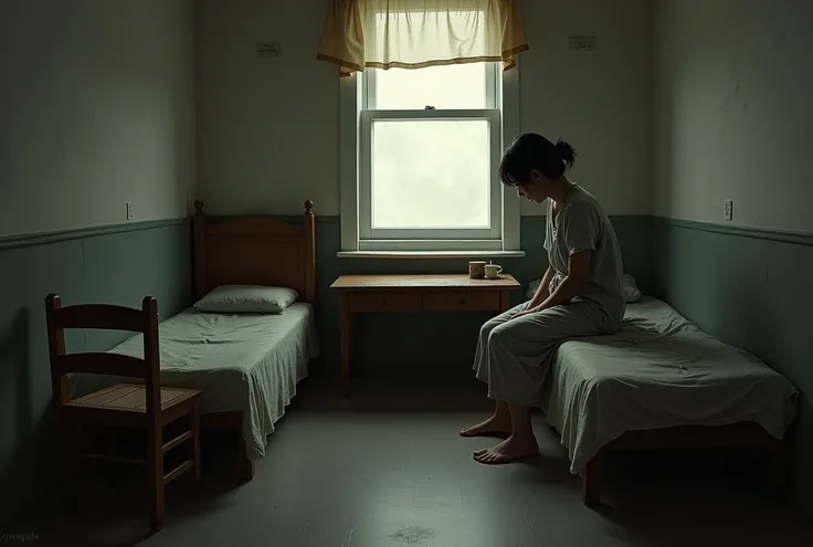 A woman sits in the corner of her boarding room