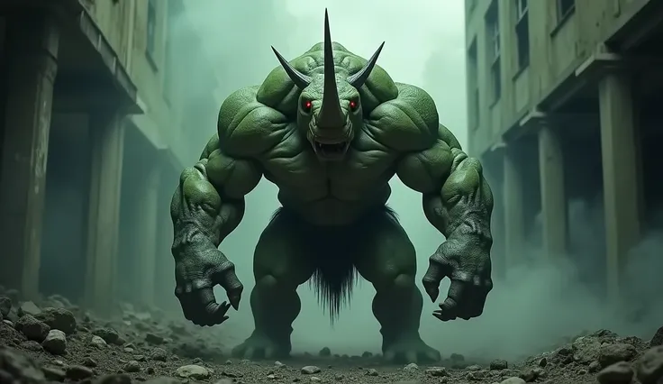 " A creepy hybrid humanoid creature ,  combining creature traits of an extremely muscular man with traits Of rhinoceros.  His skin is a mix of green and gray ,  with rough armor-like textures .  He has a large sharp horn on his forehead , giant hands with ...