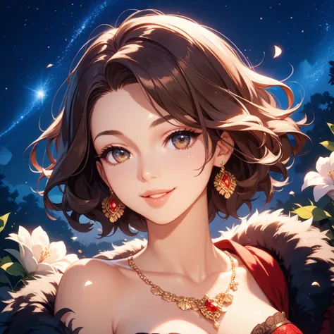 Santaclaus in her 20s without beard, beautiful eye, masterpiece, high quality, beautiful lips, dark brown short hair, beautiful background, night time, shine from the back, looking front, smiling a bit, best quality, only above chest