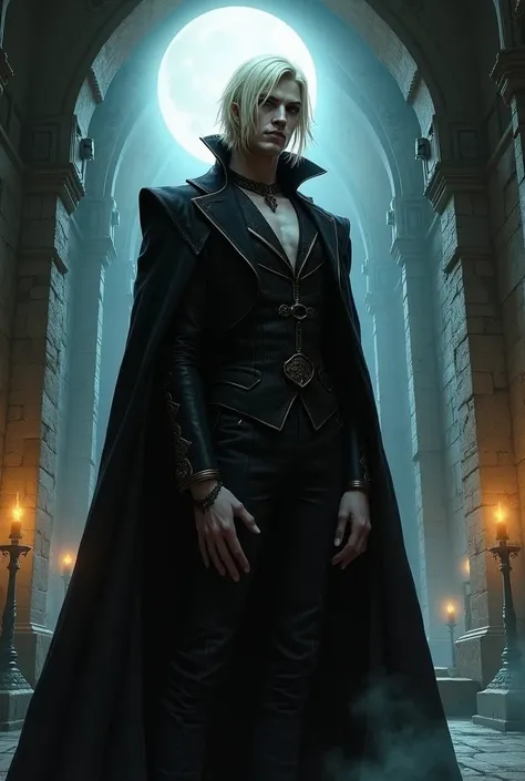 a black vampire with blond hair and black eyes in the style of the video game Castlevania 