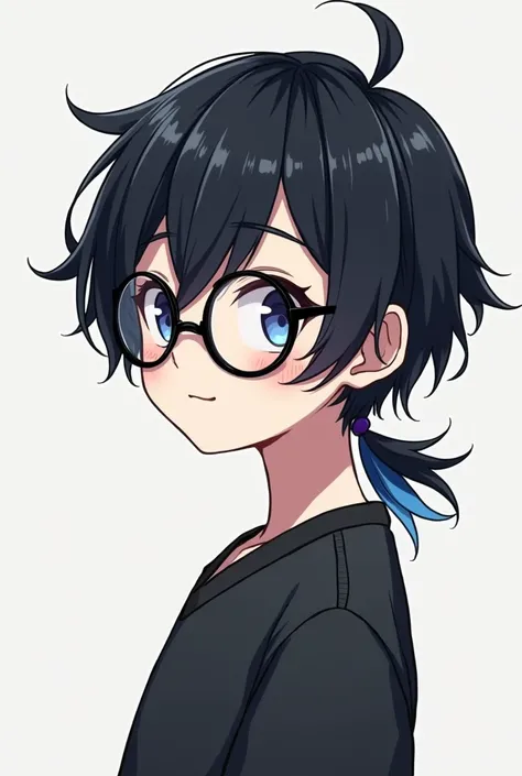 a boy character with straight and short hair. black with a little blue highlights on his pony. use a black round glasses with clear mirror. have a hobby of read a novel and watch a movie. his occupational is physical therapy. made an illustration of this c...