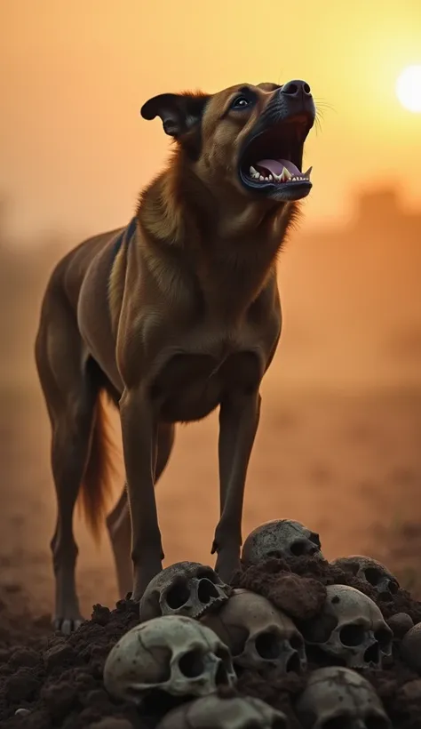 Make a real ultra high quality smooth quality image where a huge pitbul dog standing on a mountain of skulls and roaring in a muddy savana  ground and the and the atmosphere is dark and light mix like dawn and looks so terrible and the camera takes a close...