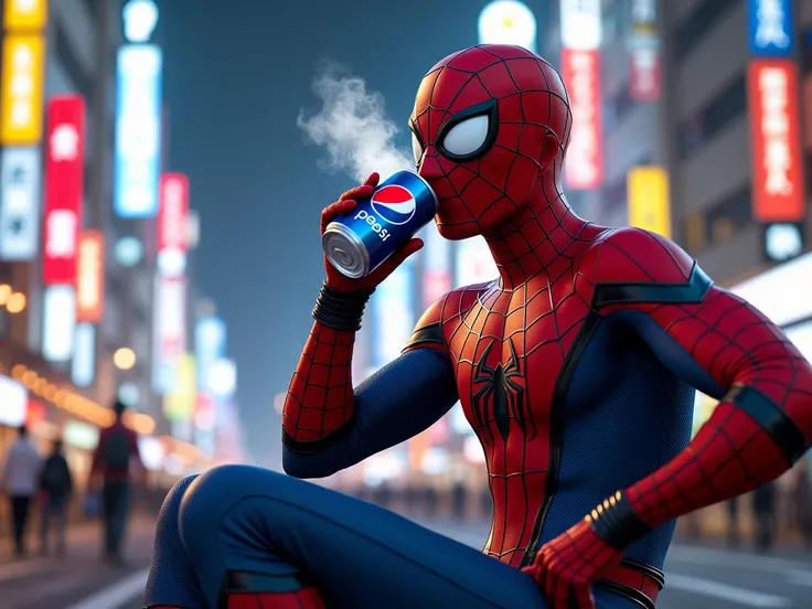 Spider-Man drinking a Pepsi in Tokyo