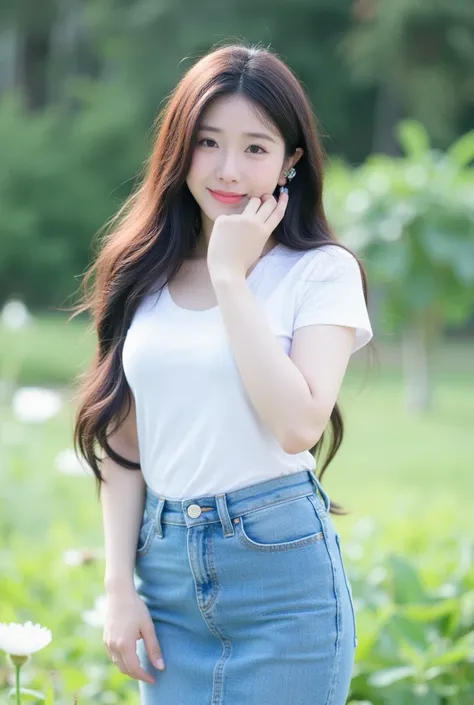  Thai girl with long natural brown hair, Age 22 years, slender,  medium breasts,  Smirk,  Wearing a white round neck T-shirt with short sleeves, Short pencil blue denim skirt  , Random pose , Standing posture,  Moonlight , Daylight  , White Flower Garden 