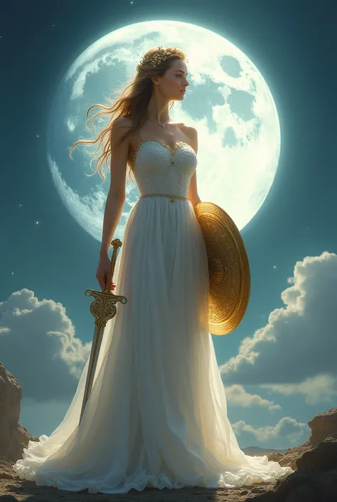 The goddess of the moon wears a white dress, holds a gold shield, the other hand holds a sword, has a large moon behind her.