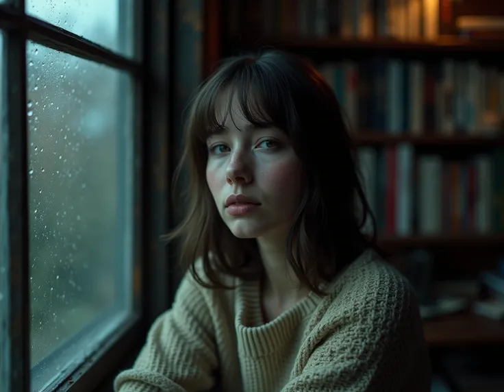 /imagine prompt: Real sad girl, a young woman sitting by a rain-soaked window, droplets sliding down the glass, her face illuminated by soft, dim light, capturing the texture of her knitted sweater and the faint shimmer of tears on her cheeks, cozy room wi...