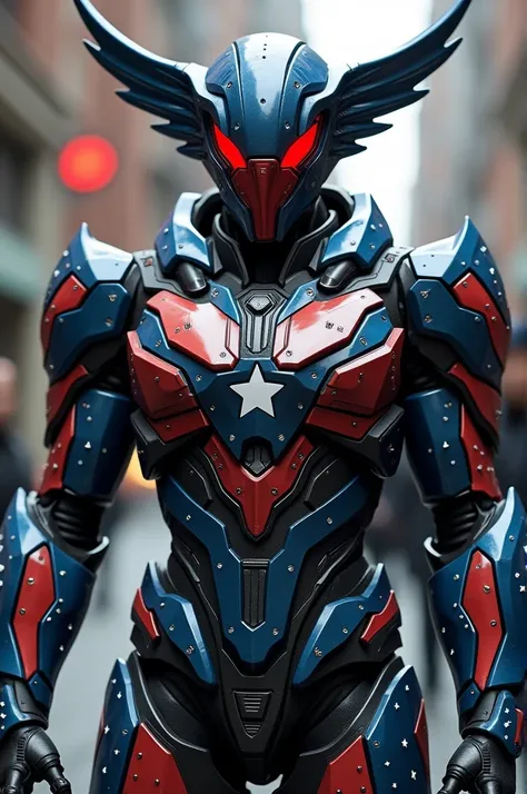 Modern, sleek armor with stars and stripes motifs, eagle-shaped helmet crest, and glowing red visor.