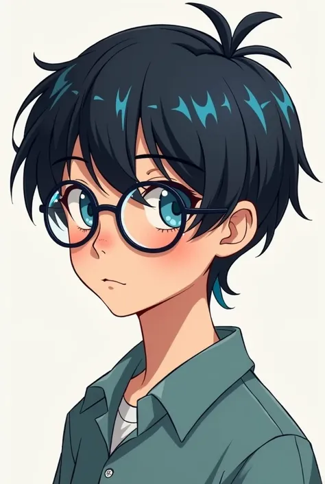 a boy character with straight and short hair. black with a little blue highlights on his front pony. use a black round glasses with clear mirror. have a hobby of read a novel and watch a movie. his occupational is physical therapy. made an illustration of ...