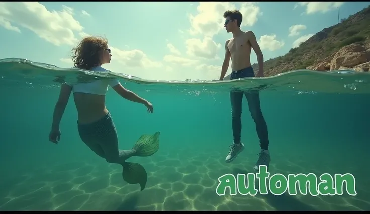 2 person, a young mermaid swims in the water looking up at the shore. Saw a young man wearing glasses, skinny, t-shirt and jeans, and sneakers standing on the shore. 

Wide angle with realistic details, long shot, bottom view, canted angle,

very small log...