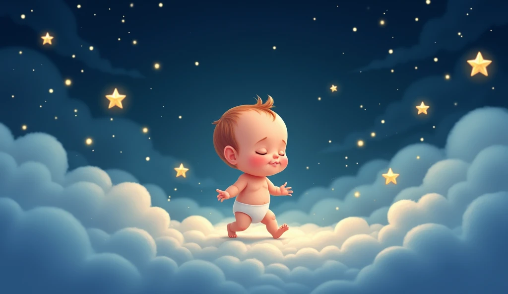 Animated cartoon baby asleep on clouds walking at night there are cute stars