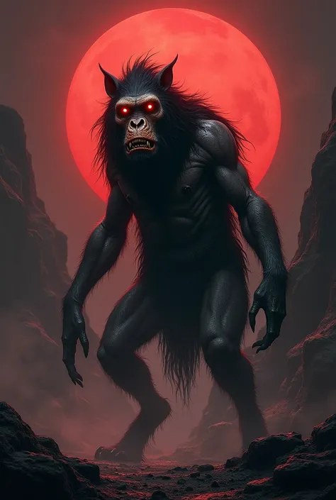 "A terrifying hybrid creature combining features of a horse (ghoda) and a chimpanzee. The entity has the muscular body and stance of a horse with elongated, chimp-like arms ending in clawed hands. Its face is a monstrous blend, featuring the horses long sn...