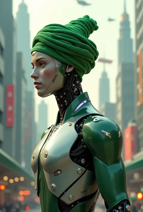 Robot wearing a green turban