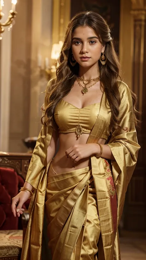 Image of a 20-year-old young woman resembling Princess Leonor of Spain, with long, naturally wavy blonde hair, medium height, and realistic skin texture. She is in an opulent Indian palace, wearing a vibrant silk sari with golden embroidery, adorned with t...