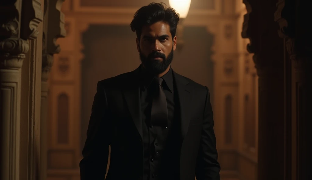 In rajastan indian man with 7ft height and full broad chess and sharp jawline hunter eyes and big Beard light fair in color having a dress black suit and it should be smart handsome and creepy angry man and indian  bit he should look like a vampire it look...