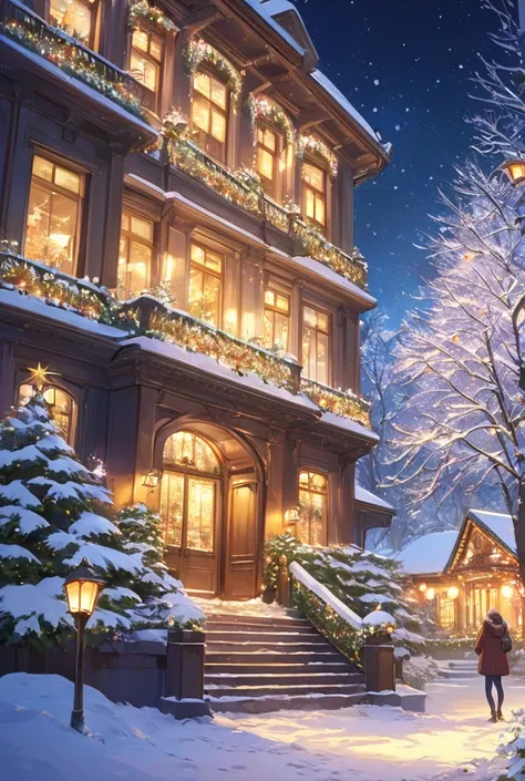 Christmas,　

masterpiece, best quality, ultra detailed, highres, 4k, 8k, extremely detailed CG,

christmas lights, snowy night, colorful decorations, glowing trees, festive atmosphere,

a grand mansion adorned with golden Christmas lights, snow gently fall...