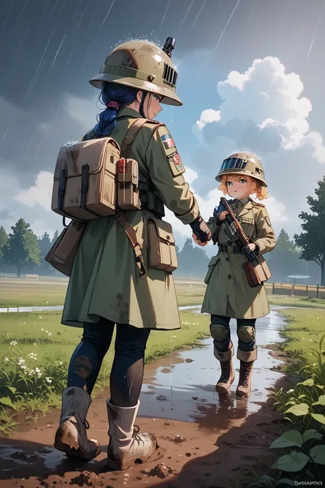 2 girls, soldiers, green uniform, trench warfare, helmet, dirt, rain, trench, foxhole, in the field, нашивка с красным крестом, медики, полевые медики, медсестры