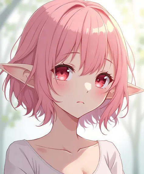 Made a pink bob cut elf, hair closed on one side, red eyes, , still face. (Anime style )