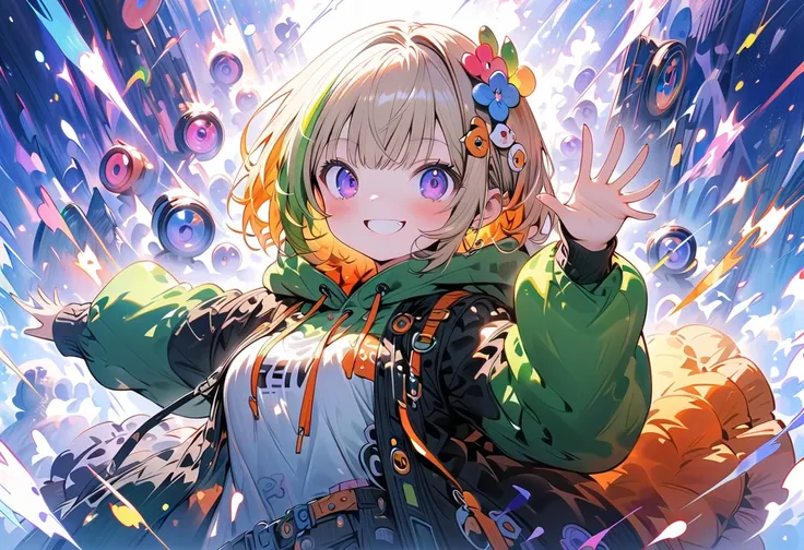  One Girl 、 green hooded hoodie with avant-garde design、 One Curl Bob Cut ,  cute white inner shirt ,  top quality 、Ultra-detailed eyes, 20 color light ,  fashionable clothes,  orange hair、 purple eyes、smile、Big Breasts、 Game Center,  orange check skirt , ...