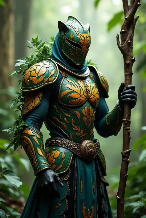 Vibrant rainforest-inspired armor with tropical leaf patterns, a jaguar emblem on the chest, and a staff weapon.