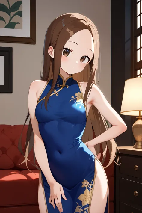 NSFW,masterpiece, top quality , high res, very detailed,Takagi(からかい上手のTakagi), long hair、Brown Hair、 split bangs,Forehead、clavicle, China Dress, luxury room 