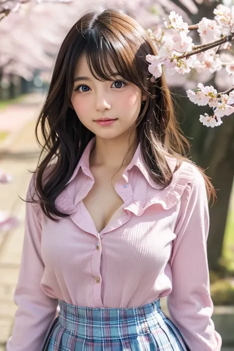 Japanese girl facing the front, super high image quality, cute, pretty, sexy, bright and cute model, actress, Japanese pretty girl, Lori, small breasts, C cup, wearing small breasts, loose, curly hair, excellent style, beautiful, beautiful, cherry blossom ...