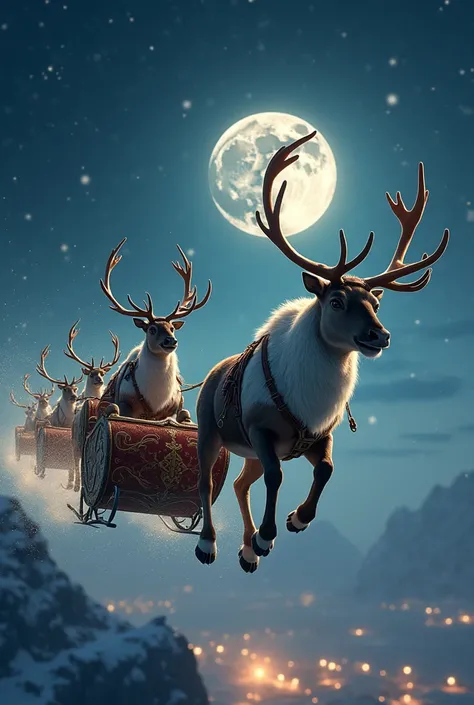  hyperreal、photograph、 A group of reindeer pulling sleds runs through the sky、 starry sky 、Big Moon、Town lights far below 